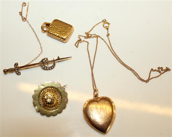 Two gold lockets, 2 brooches and cross